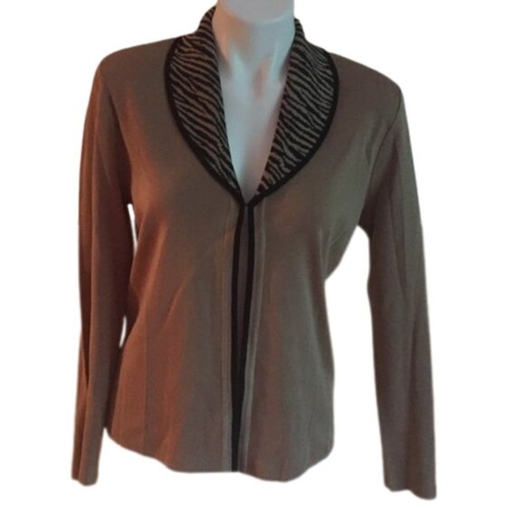 Ming Wang Open Front Knit Cardigan Blazer Animal Print Trim Neutral S - Picture 2 of 7